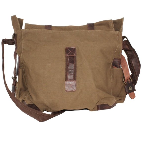 Berchirly Green Brown Canvas Messenger Bag Laptop Lined Buckle Snap Closure - Picture 2 of 12